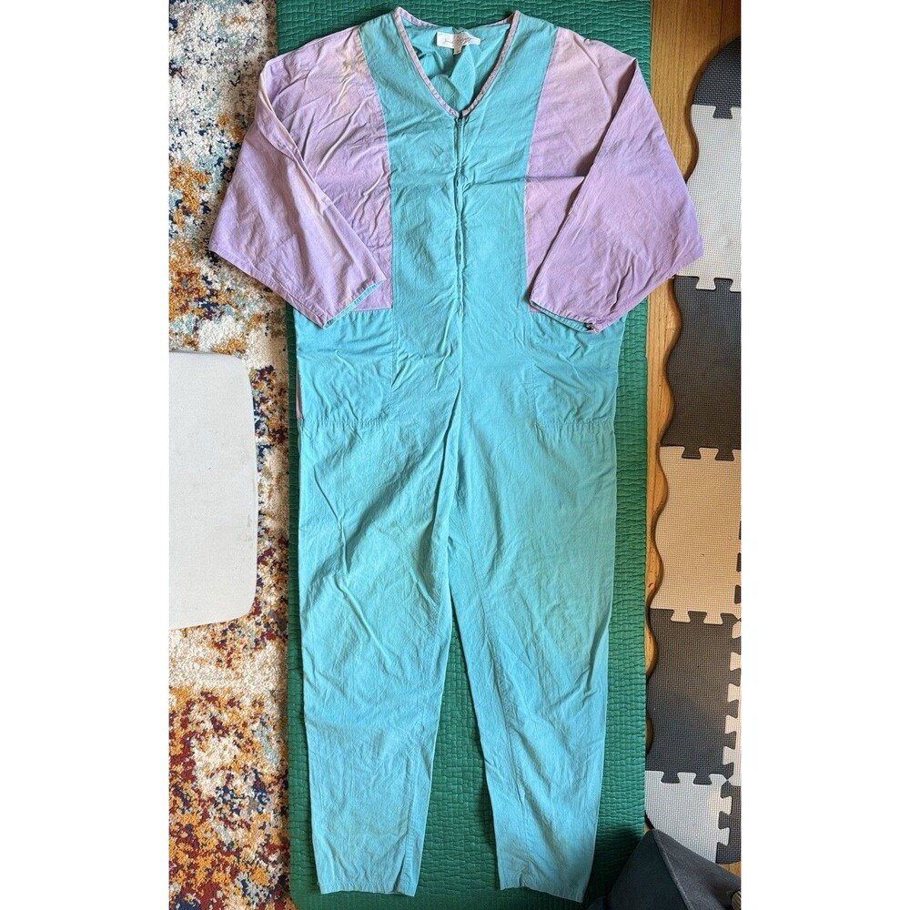 Vintage 1980's Jack Murphy M Teal Turquoise Purple Jumpsuit 70s Pockets Hippie